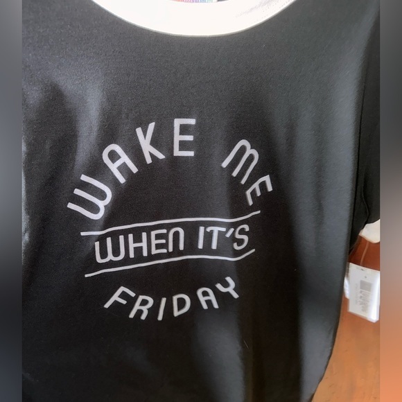 Lularoe Medium Black Liv graphic t “wake me when it’s Friday”. NWT. Grey trim. - Picture 2 of 5